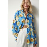  Women's Blue Yellow Patterned Oversized Flowy Viscose Shirt | Eponuda.ba