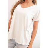 Kesi Włoski Women's cotton blouse with V-neckline and short sleeves beige | Shoptok.si