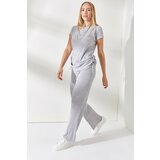 Olalook Women's Gray Shirred Sides Blouse Palazzo Pants Suit Cene