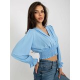 Fashion Hunters Light blue formal blouse with puffed sleeves Cene