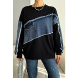 Laluvia Black Asymmetric Denim Detailed Sweatshirt cene
