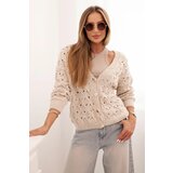 Kesi Włoski Women's openwork sweater with a V-neck and gold buttons beige Cene