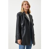  Women's Black Faux Leather Double Breasted Collar Short Trench Coat | Eponuda.ba
