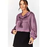 armonika Women's Purple Satin Blouse with Frilled Collar on the Shoulders and Elasticated Sleeves Cene