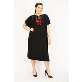 Şans Women's Black Plus Size Embroidery Detailed Low Sleeve Dress Cene