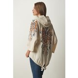 Happiness İstanbul Women's Cream Brown Printed Hooded Raw Linen Jacket Cene