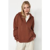 Trendyol Brown Thick Fleece Hooded Zippered Basic Oversized Knitted Sweatshirt Cene