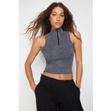 Trendyol Anthracite Aged/Faded Effect Fitted Zippered Corded Cotton Stretchy Knitted Blouse Cene