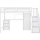 Lumor Postelja Mezzanine 90x200 cm iz lesa - z mizo, omaro in stopnicami za shranjevanje - bela, (22156258) | Shoptok.si