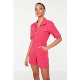 Trendyol Fuchsia Elastic Waist Denim Shorts Overalls | Shoptok.si