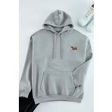 Trendyol Grey Oversize/Wide Cut Hooded Animal Embroidered Fleece Inside Sweatshirt Cene