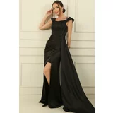 By Saygı Rope Straps Off Shoulders Underwire Lined Satin Long Dress with Side Slit