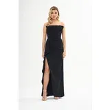 Carmen Black Stone Printed Slit Crepe Evening Dress