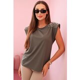 Kesi Włoski Women's sleeveless viscose blouse with decorative pearls on the shoulders khaki | Shoptok.si