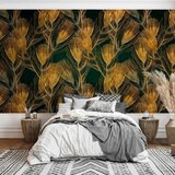  Foto tapeta - Golden peacock feathers - solid background with bird pattern on green background 150x105 | shoptok.hr