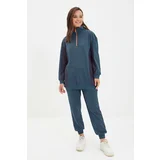 Trendyol Navy Blue Stand-Up Collar Zippered With Color Block, Soft Pile Inside, Thick Knitted Tracksuit Set