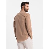 Ombre Men's linen shirt with stand-up collar and pocket REGULAR FIT - light brown | Shoptok.si
