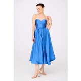 Carmen Indigo Satin Strapless Midi Promise Dress and Engagement Dress | Shoptok.si