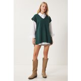 Happiness İstanbul Women's Emerald Green V Neck Belted Long Knit Sweater Cene