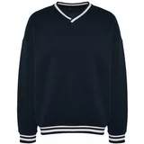 Trendyol Navy Blue Men's Basic Oversized V-Neckline Soft Pile, Thick Striped Tricot Band Sweatshirt with a soft pile.