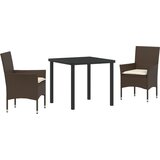 vidaXL 3-dijelni set za objedovanje u vrtu s jastucima smeđi poliratana, vrtni stol crni 80x80x73 cm od termalnog stakla | shoptok.hr