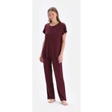 Dagi Burgundy Lace Garnish Viscose T-Shirt Trousers Pajamas Set