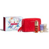 Clarins Double Serum & Nutri-Lumière Collection set: serum za obraz Double Serum 50 ml + dnevna krema za obraz Nutri-Lumiere Revive 15 ml + nočna krema za obraz Nutri-Lumiere Nuit 15 ml + podlaga za ličila SOS Primer 5 ml + rdeča kozmetična torbica za ženske | Shoptok.si
