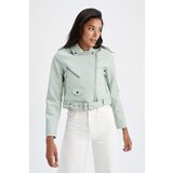 Defacto Water Repellent Relax Fit Faux Leather Crop Biker Jacket With Belt | ePonuda.com