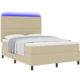 Box Spring krevet s madracem i LED svjetlom u bež kordura tkanini 140x200 cm | shoptok.hr