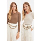 Trendyol Brown-Stone V-Neck 2-Pack Crop Knitwear Sweater Cene