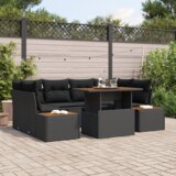 vidaXL 7-delni vrtnarska jedilna garnitura s blazinami črna poli ratan acacia | Shoptok.si