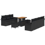 vidaXL 10-delni set sedežne garniture za vrt z blazinami Črn Poli Ratan Akacija, 2-sedežna sedežna garnitura s shrambo in blazinami Črn Poli Ratan, 3-delni set za zunanjo prehrano z blazinami Črn Poli Ratan Akacija | Shoptok.si