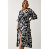 Happiness İstanbul Women's Black and White Deep V Neck Summer Long Viscose Dress