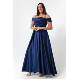Lafaba Women's Navy Blue Stone Strap Draped Plus Size Long Evening Dress Cene
