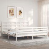 The Living Store Posteljni okvir z vzglavjem bel 200x200 cm trden les - Posteljni Okvir, (21528237) Cene