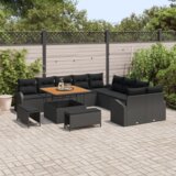 vidaXL 13-delni set vrtnih sof z blazinami črna poli ratan akacija, 2-sedežna vrtna sofa s shrambo in blazinami črna poli ratan, 3-delni vrtni jedilni set z blazinami črna poli ratan akacija | Shoptok.si