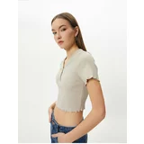 Koton V-Neck Crop T-Shirt Ribbed Short Sleeve Button Detailed