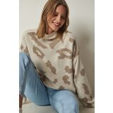 Happiness İstanbul Women's Cream Patterned High Neck Thick Knitwear Sweater Cene