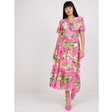 Fashionhunters Pink and green floral dress with an envelope neckline Cene