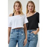 Happiness İstanbul Women's White Black Boat Neck Basic Crop 2-Pack Knitted T-Shirt Cene