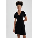 Defacto A-Line Wrap Collar Mini Short Sleeve Dress Cene