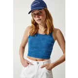 Happiness İstanbul Women's Blue Barter Neck Washed Crop Knitted Blouse