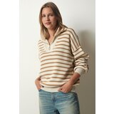 Happiness İstanbul Women's Cream Biscuit Striped Zipper Collar Knitwear Sweater Cene