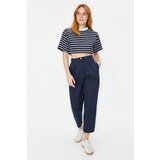 Trendyol Navy Blue Cotton Carrot Pattern Stripe Detailed Woven Trousers Cene