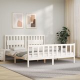 Maison Chic Posteljni okvir - Dvoposteljna postelja - Zakonska postelja z vzglavjem bel trden les-J15879, (21771551) | Shoptok.si