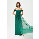 Lafaba Women's Emerald Green Underwire Corset Detailed Silvery Long Evening Dress Cene