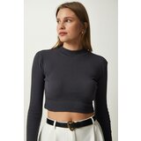 Happiness İstanbul Women's Anthracite Ribbed Turtleneck Crop Knitted Blouse Cene