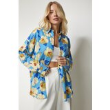  Women's Blue Yellow Patterned Oversize Flowy Viscose Shirt | shoptok.hr