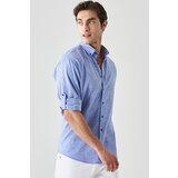 AC&Co / Altınyıldız Classics Men's Sax-Blue Comfort Fit Relaxed-Cut Buttoned Collar Casual Linen Shirt. Cene
