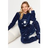 Trendyol Navy Blue Cat Printed Velvet Tshirt-Pants and Knitted Pajamas Set Cene